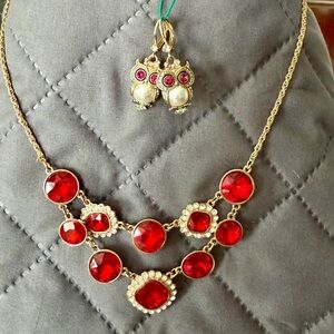 Gold-Tone Red Statement Necklace and Owl Charm Set